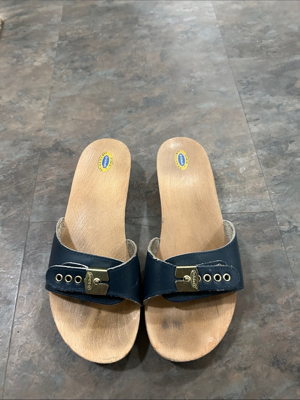 The Original Dr. Scholl’s Exercise Sandals Navy Blue Leather with Gold size 9